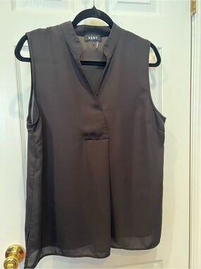 DKNY Sleeveless V-Neck Blouse in Dark Brown